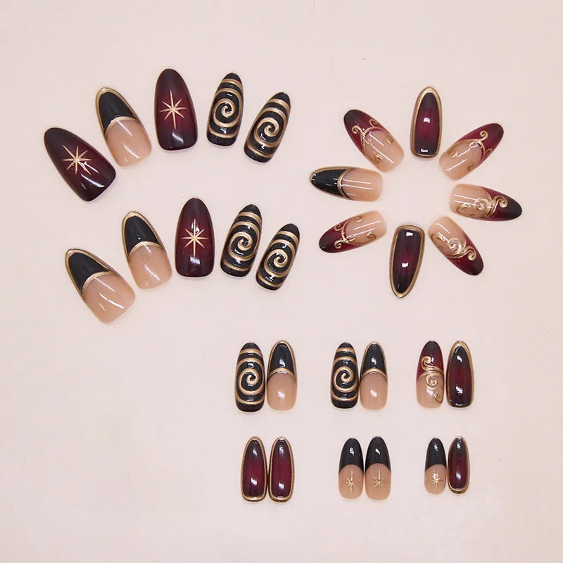 24pcs Golden Lines Patterns False Nails Dark Purple Blush French Fake Nails