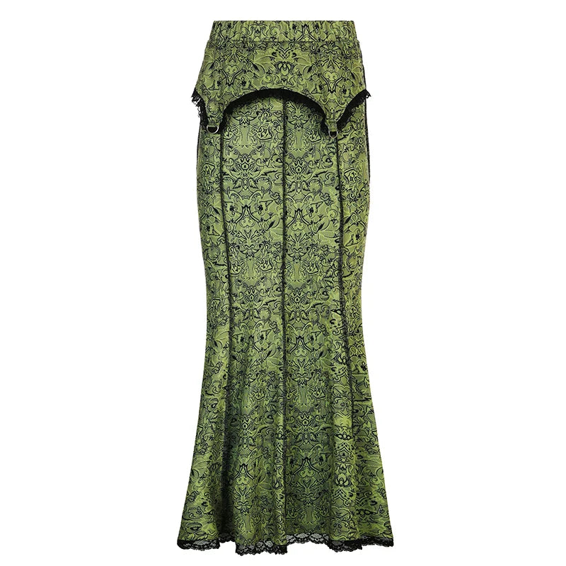 Vintage Elegant Green Trumpet Long Skirt Graphic Printed Lace Trim Y2K High Waist Skirt 2000s Aesthetic