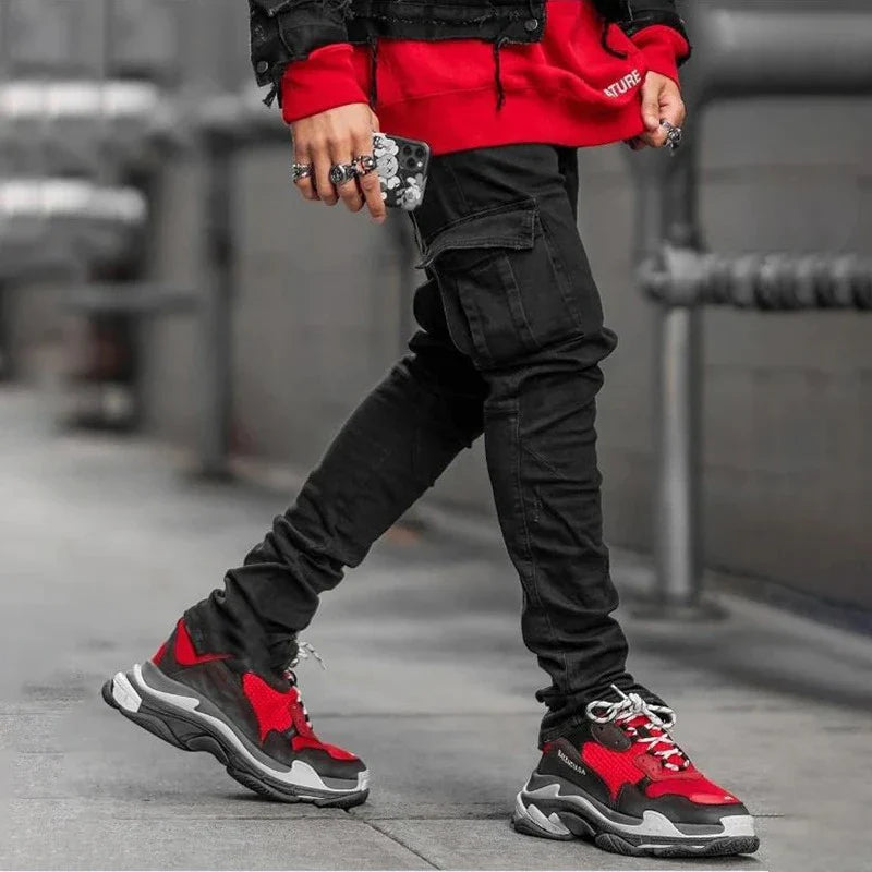Street Elastic Denim Jeans Wash Solid Color Multi Pockets Cargo Pants Casual Slim Fit Daily Wear Joggers Mid Waist Trousers