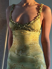 Weird Puss See Through 2 Piece Set Y2K Ruffles Patchwork Camisole+Tierred Skirts Matching Vacation Midnight Clubwear