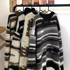 Soft Faux Mink Stripe Color Block Sweater Loose Design Lazy Style Knitted Top Thick Suitable