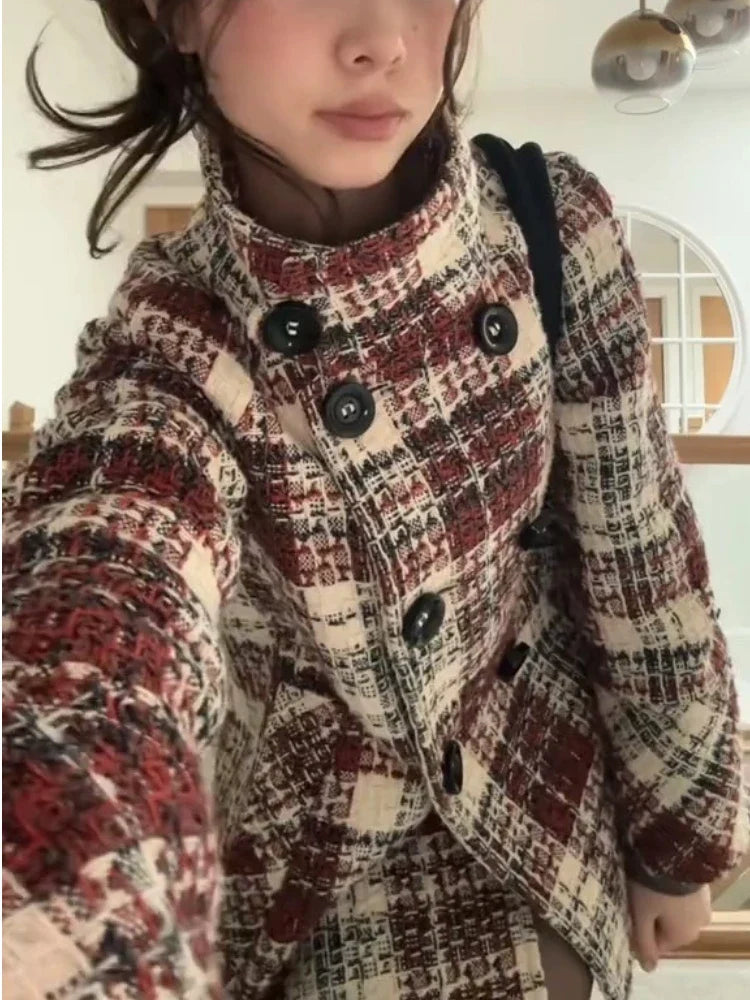 Warm Checkered Turtleneck Shoulder Straight Coat Double Breasted Full Sleeve Middle Long Coat Lady Chic Coat