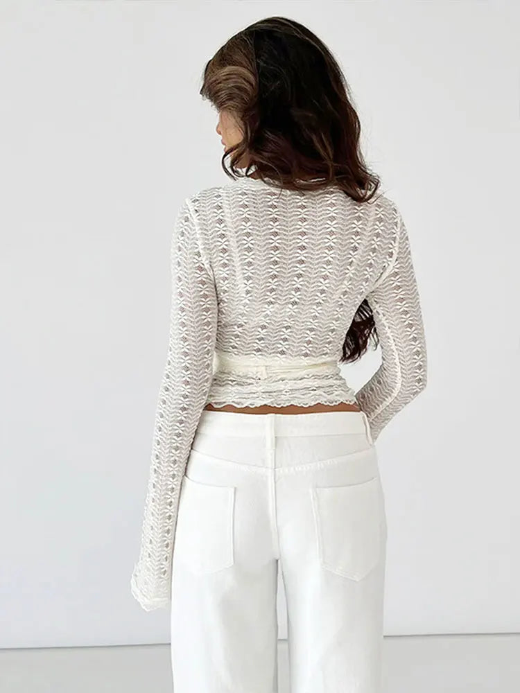 T-shirt Club Party Lace Tees Streetwear Long Sleeves T-shirt Lady Versatile Casual Slim Clothing