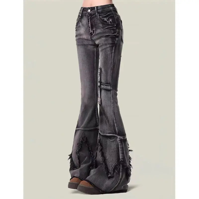 retro slim-fitting pants Y2k trendy wasteland trousers legs furrow stretch jeans