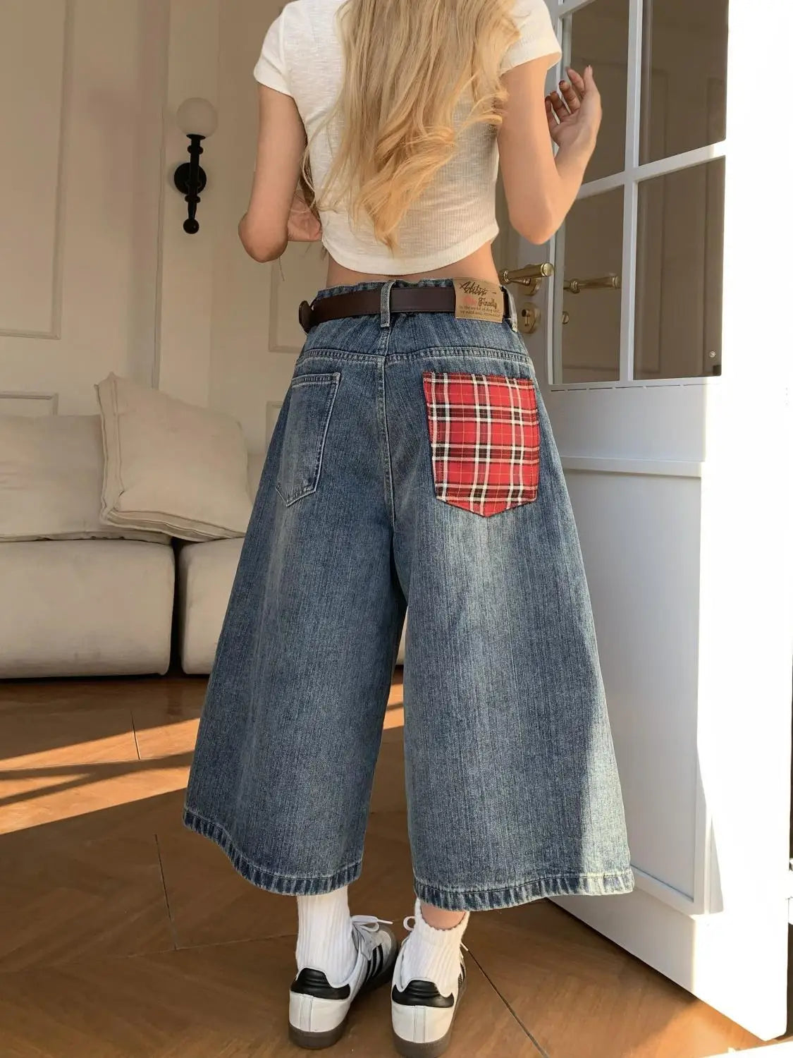 American retro plaid pocket wide-leg short jeans