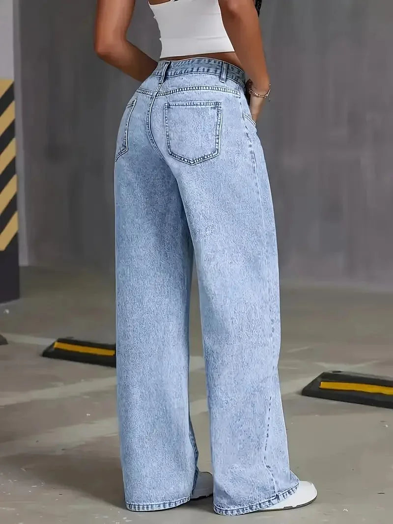 plus Size Wide Leg Jeans Washed Elastic Casual Loose Fit Ladies Denim Pants Comfortable Stretchy Trousers