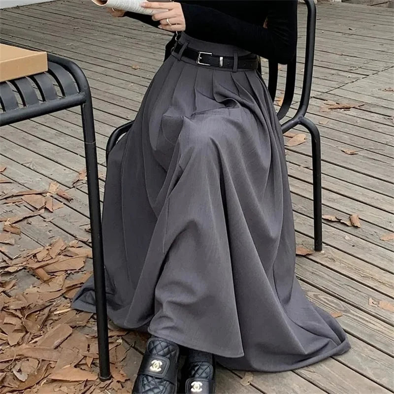 High Waist Jupe Korean Pleating Swing Skirt Vintage Office Falda Holiday Loose Solid Long Skirt