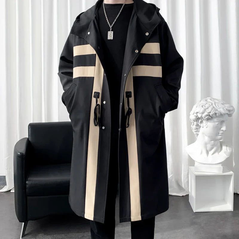 Trench coat Windbreaker Patchwork Color Medium Long Trenchcoat Korean Covered Button Male Hooded Trench Jacket