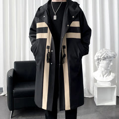Trench coat Windbreaker Patchwork Color Medium Long Trenchcoat Korean Covered Button Male Hooded Trench Jacket