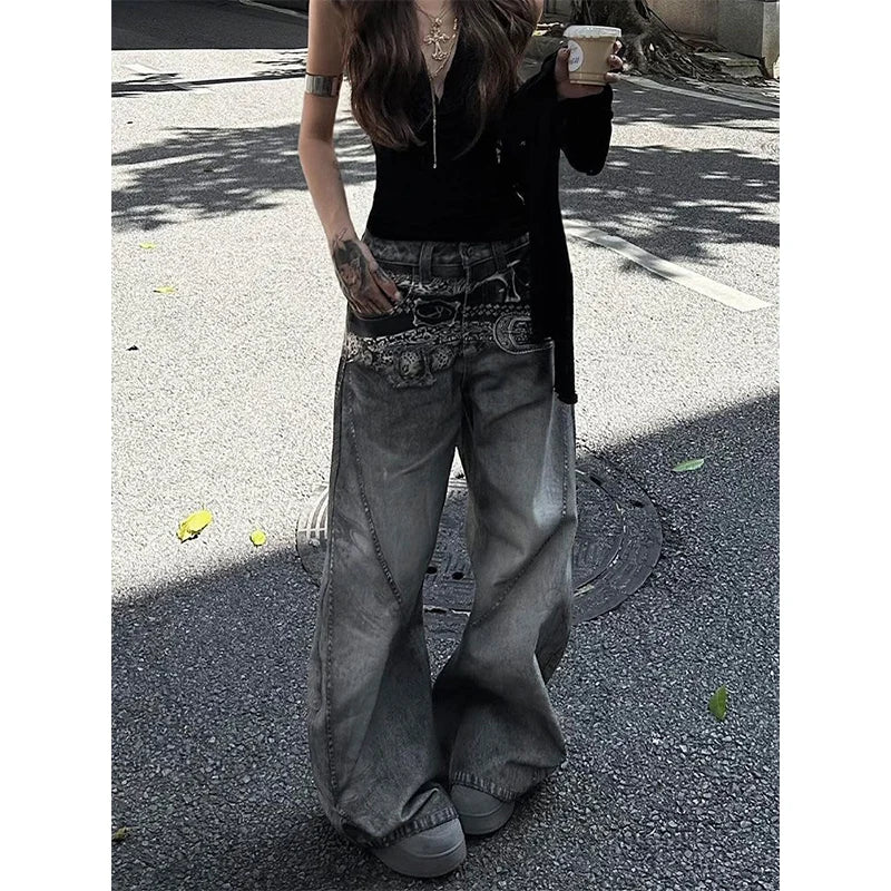American Vintage Hip-hop High Waist Print Jeans Casual Baggy Y2K Wide Leg Grunge Streetwear Style Denim Trouser