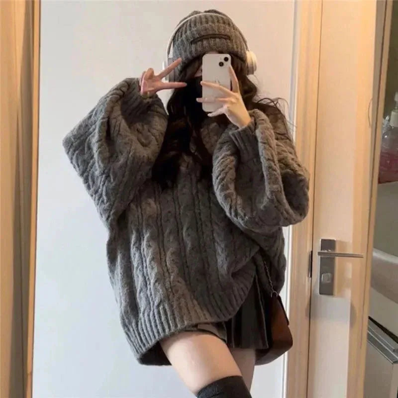 Sweater Harajuku Oversized Knitted Pullovers Korean Long Sleeve V Neck Knitwear Preppy Solid Loose Jumper