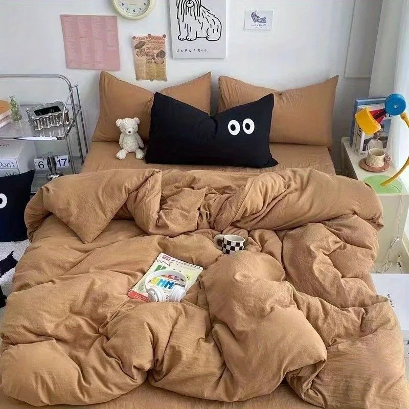 Cute Duvet Cover Set with Sheet Pillowcase No Filler Warm Solid Color Bed Linen Full Queen Size Korean Big Eyes Home Bedding Set