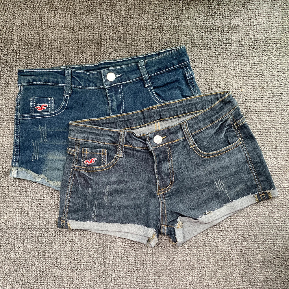 Korean Low Waist Denim Shorts American Lady Y2K Elastic Slim Fit Pants Embroidery Wrapping Jeans