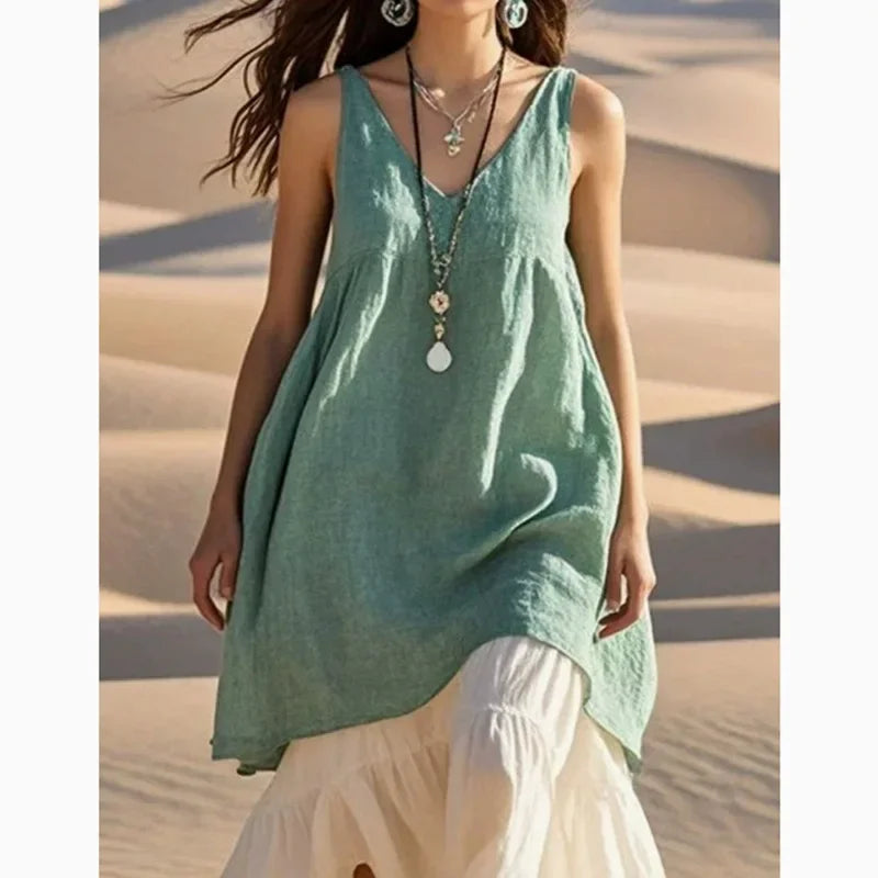 V-Neck Sleeveless Cotton Linen Beach Dress Loose Waist Midi Dress Comfortable Breathable Dress