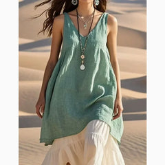 V-Neck Sleeveless Cotton Linen Beach Dress Loose Waist Midi Dress Comfortable Breathable Dress