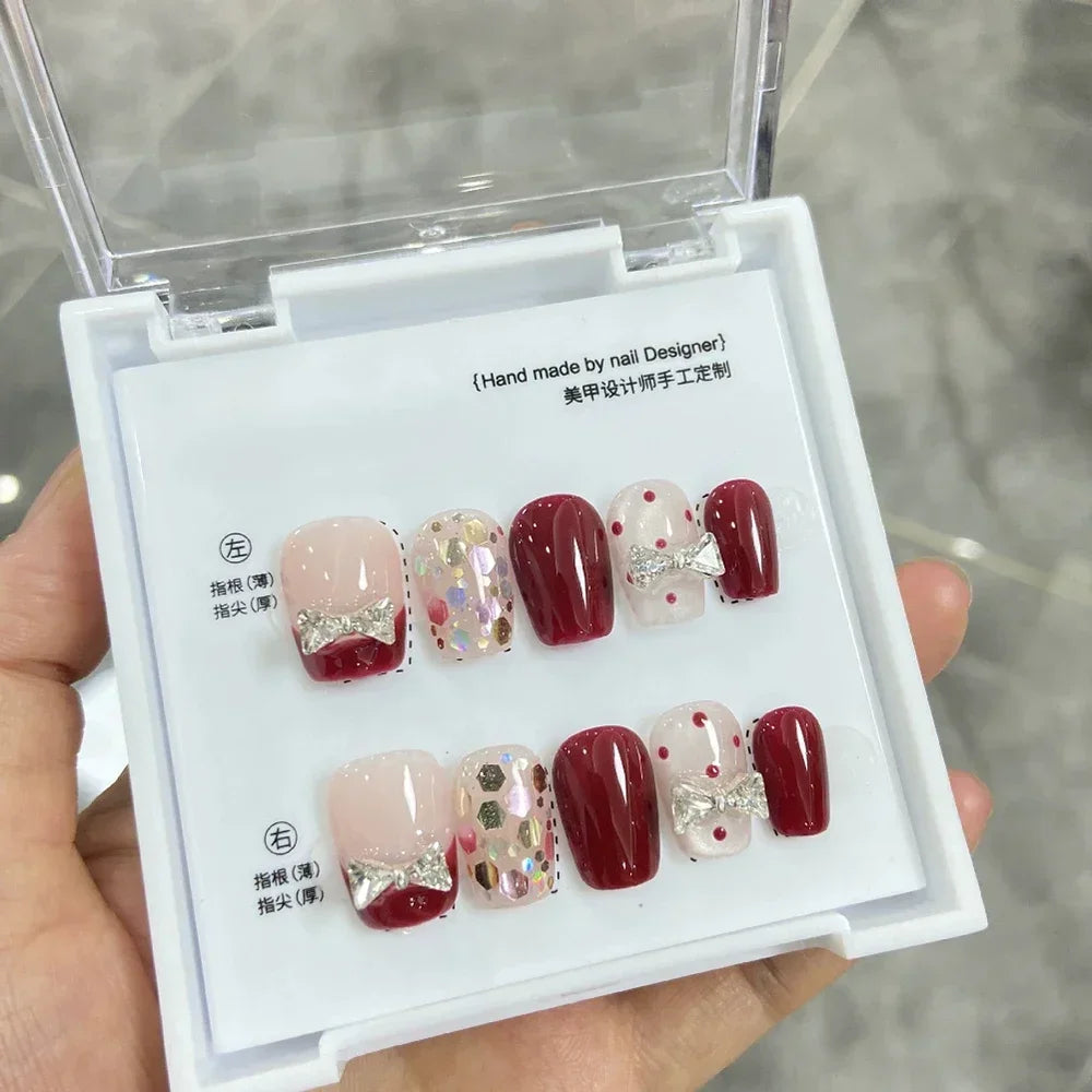 Beauty Colorful Short Square Round Detachable Manicure Kawaii Cat Eyes Glitter Sequins Rhinestone Handmade Full Cover Nail Tips