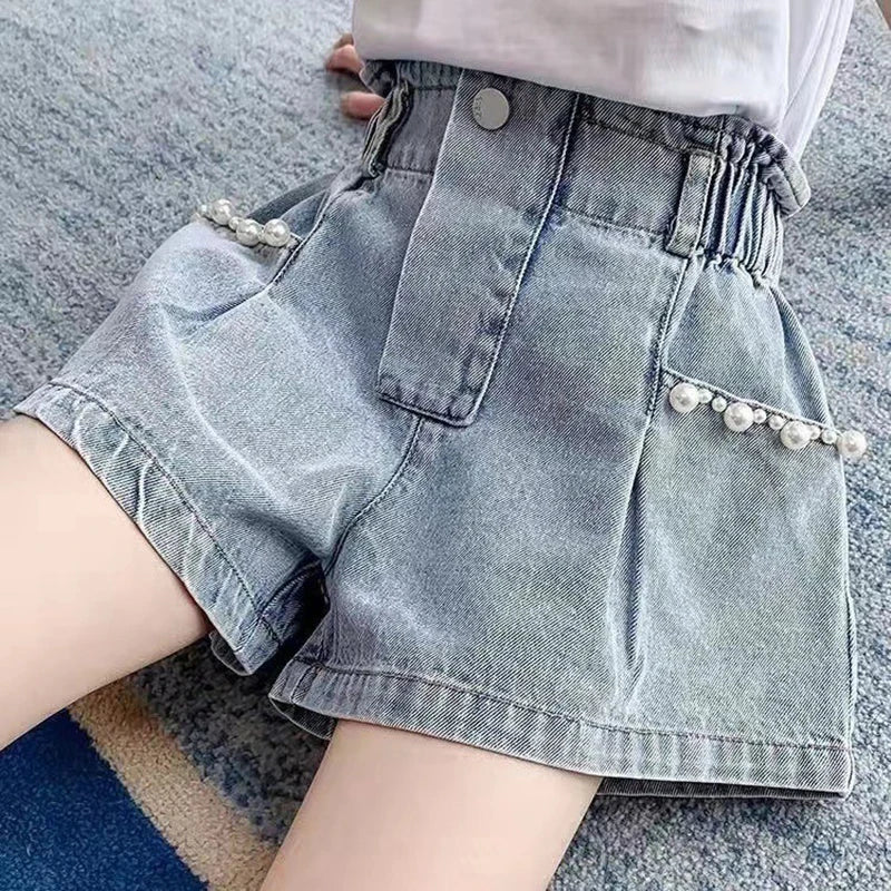 Girls Denim Shorts Korean Children's Pleated Jeans 4-12Years Teens Girls Short Jeans Pearl Decoration