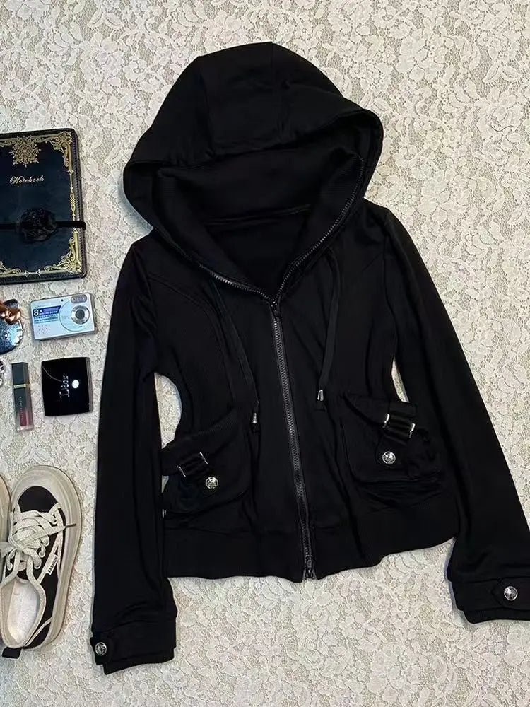 Black Trend Casual Hoodie Retro Gothic Sweatshirts Hip Hop Punk Style Multifunctional High Street Cardigan