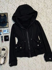 Black Trend Casual Hoodie Retro Gothic Sweatshirts Hip Hop Punk Style Multifunctional High Street Cardigan