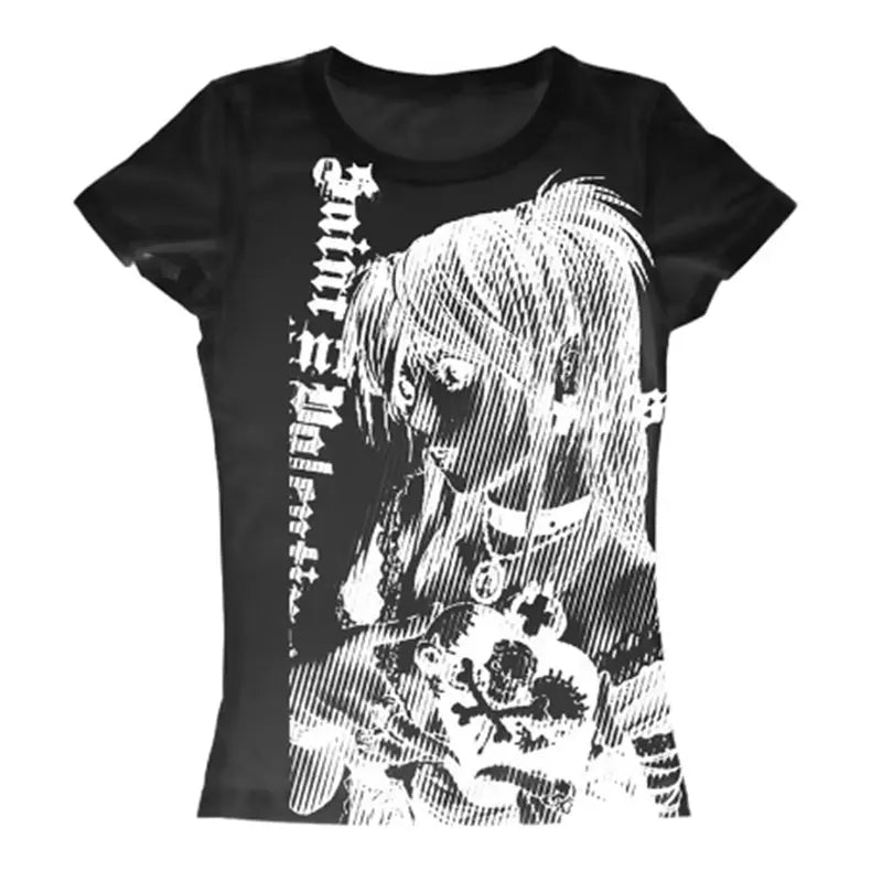 Y2k anime Streetwear O-neck 90s Text Printing Tops Harajuku Clothes Simple Vintage Crop Tee emo Casual T-shirt