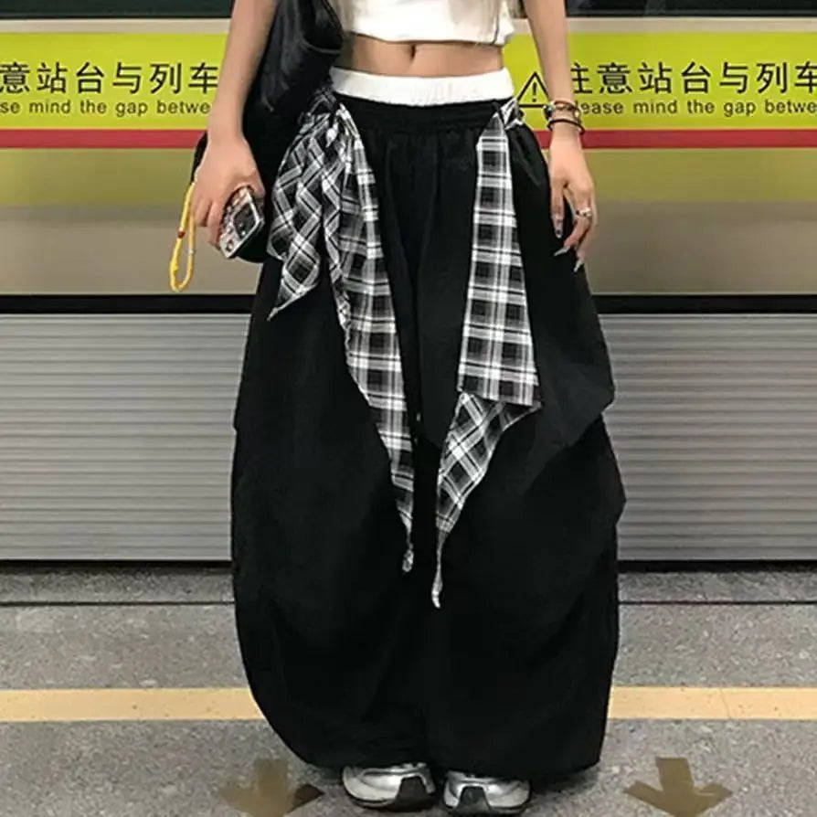 Y2K American Black Retro Hip-Hop Spliced Plaid Belt Girl Loose Casual High Waist Wide-Leg Quick-Drying Sweatpants