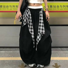 Y2K American Black Retro Hip-Hop Spliced Plaid Belt Girl Loose Casual High Waist Wide-Leg Quick-Drying Sweatpants