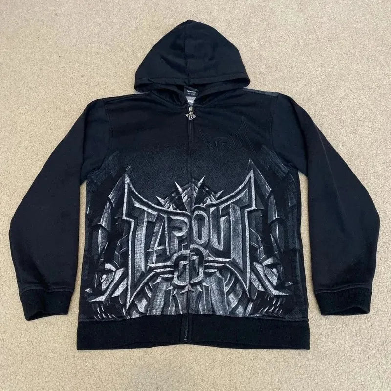 Y2K Tapout Zipper Hooded Sweater Retro Hip-hop Letter Printing Oversized Black Hooded Sweater