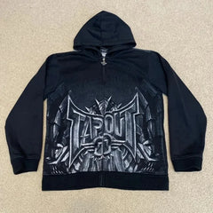 Y2K Tapout Zipper Hooded Sweater Retro Hip-hop Letter Printing Oversized Black Hooded Sweater