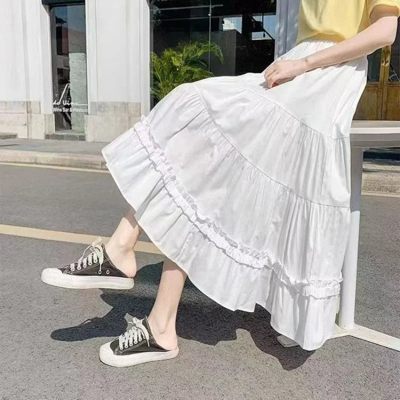 Casual Vintage Skirt Matching Chic Lady's White Skirt Sweet Girl's Cake Skirt Elastic Waist A-Line Mid Length Flare Skirt