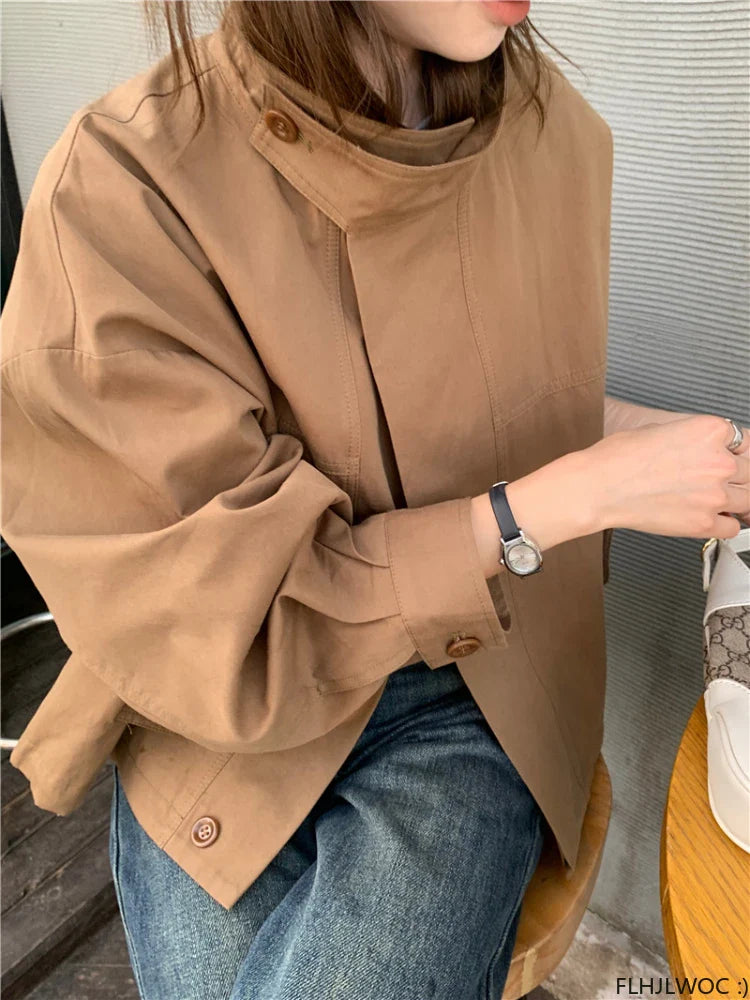 Korea Short Outerwear Casual Loose Lazy Chic Long Sleeve Cotton Blends Windbreaker Coats Thin Thench