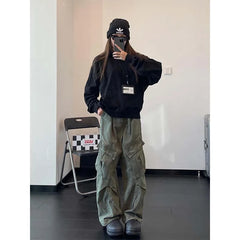 Retro American Denim Work Pants Loose Wide Leg Slimming Pleated Straight Long Pants Large Pocket