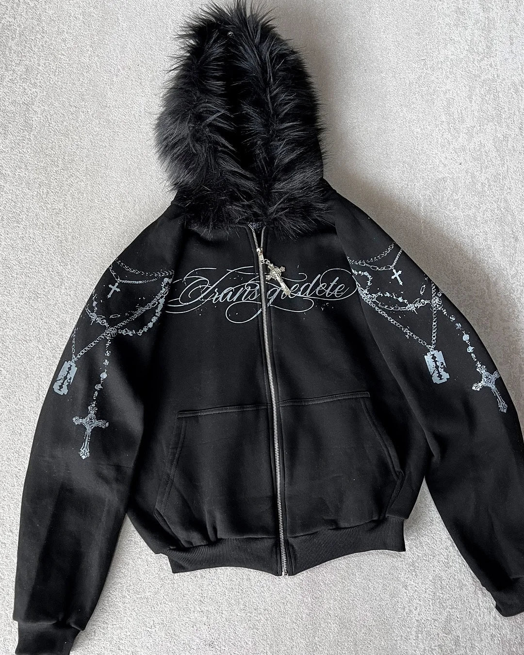 American Retro Rock Gothic Graphic Fur Collar Loose Zipper Sweatshirt Y2K Harajuku Punk Casual Joker Hoodie Streetwear