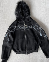 American Retro Rock Gothic Graphic Fur Collar Loose Zipper Sweatshirt Y2K Harajuku Punk Casual Joker Hoodie Streetwear