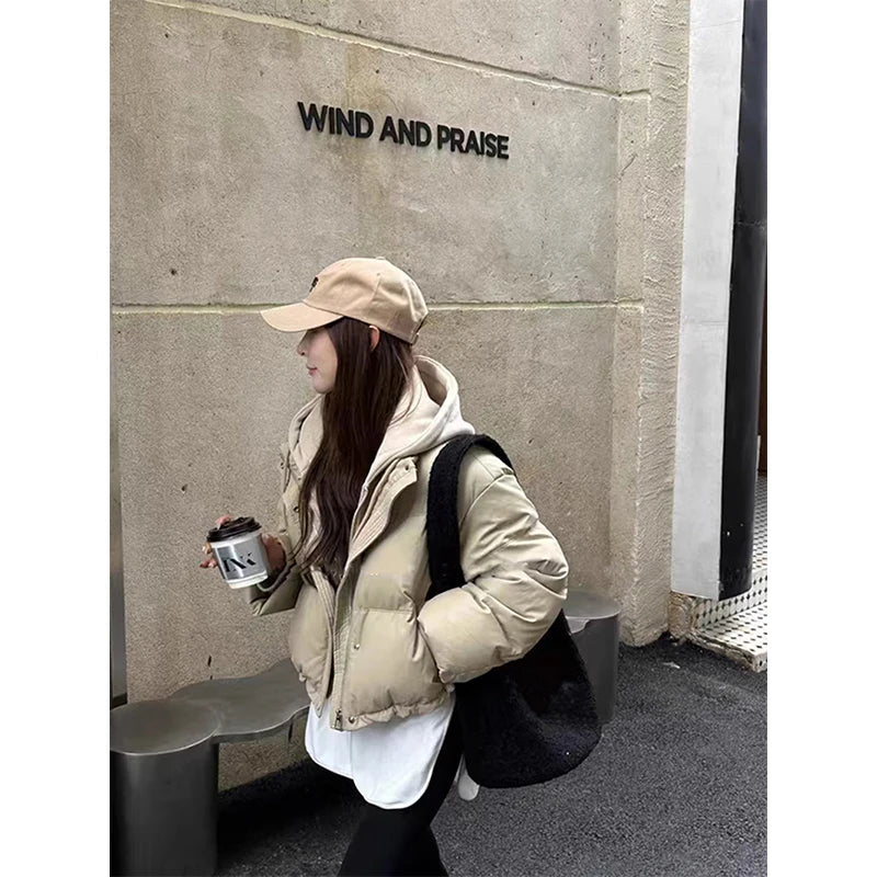 Hooded Short Parkas Black Patchwork Puffer Jacket Streetwear Down Coats Korean Cotton Padded Outerwears New