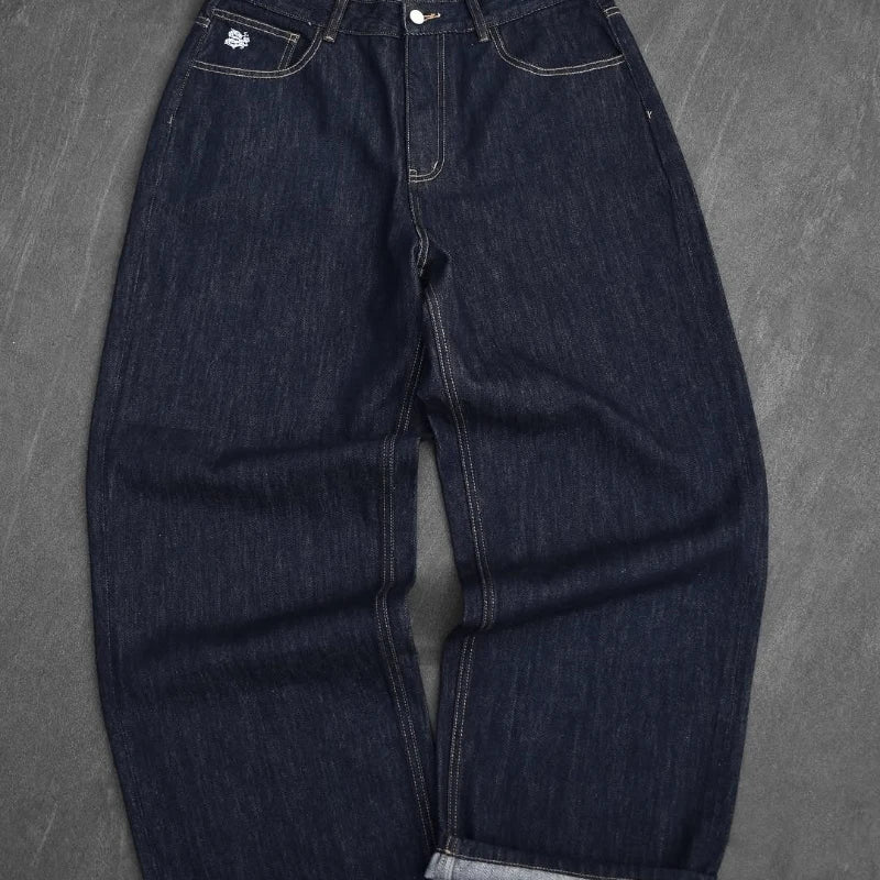Raw baggy jeans Y2K retro art font embroidery black jeans Harajuku hip hop unisex woven washed patchwork wide leg pants