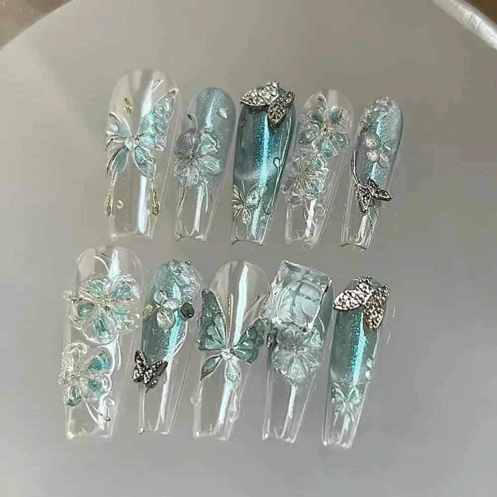 10Pcs Gentle Handwork Press On Nails French Style Flowers Butterfly Rhinestone Pearl Design Detachable False Nails Gift