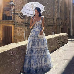Floral Print Sleeveless Backless Lace Up Midi Prom Dress Elegant High Waist A Line Evening Dresses Outfits