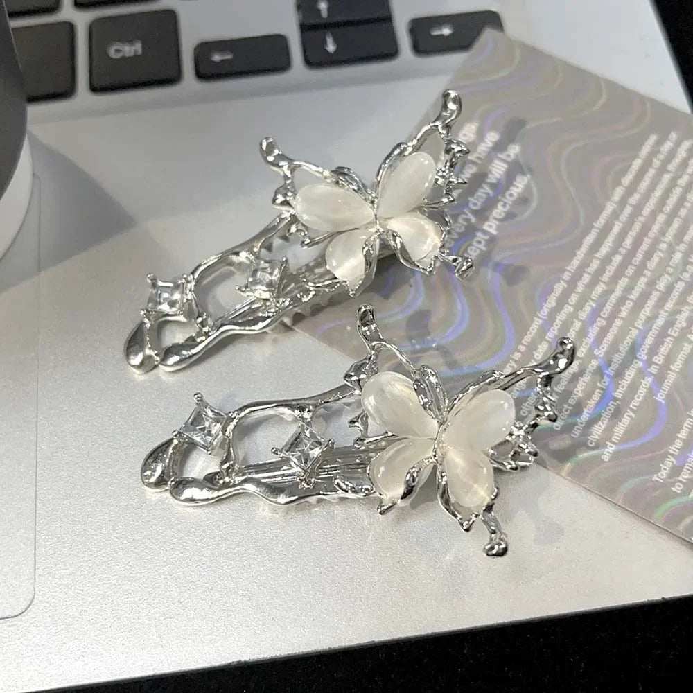 1/4pcs Y2K Irregular Liquid Metal Hairpin Butterfly Zircon Hair Clips Girl Silver Bang Clip