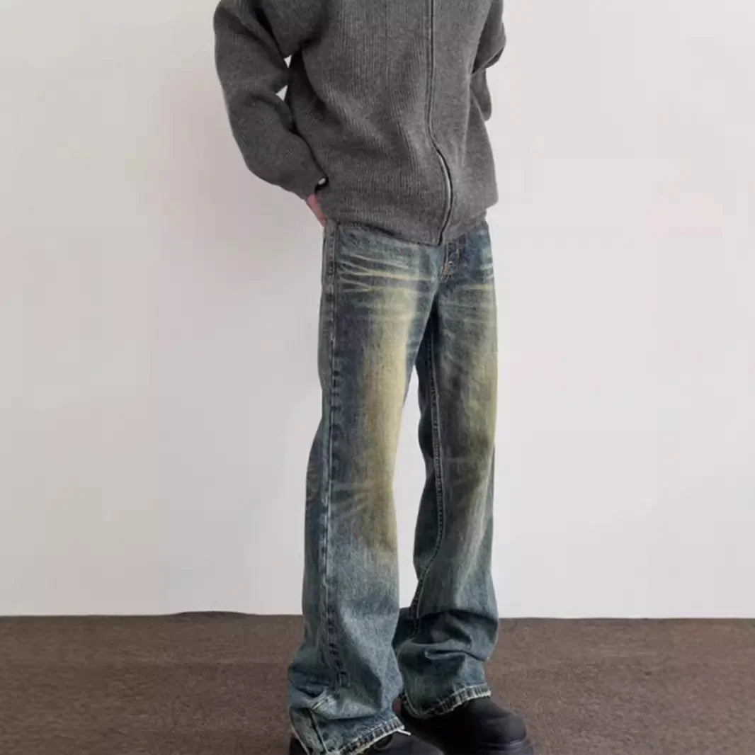 Vintage American Style Straight-Leg Slimming Long Jeans Distressed Washing Denim Pants Trendy Brand Bootcut Pants