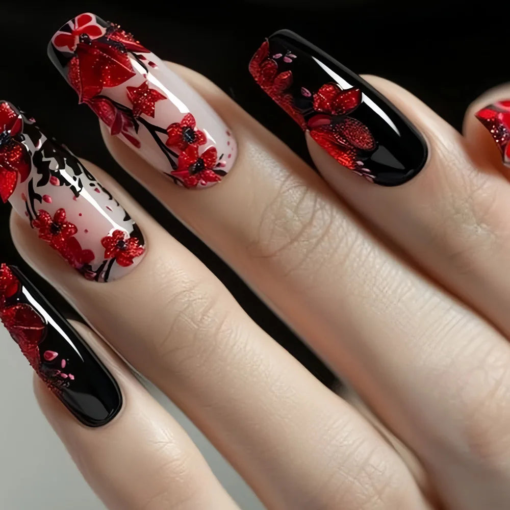 24pcs/set Medium long fake nails Swan fish flowers
