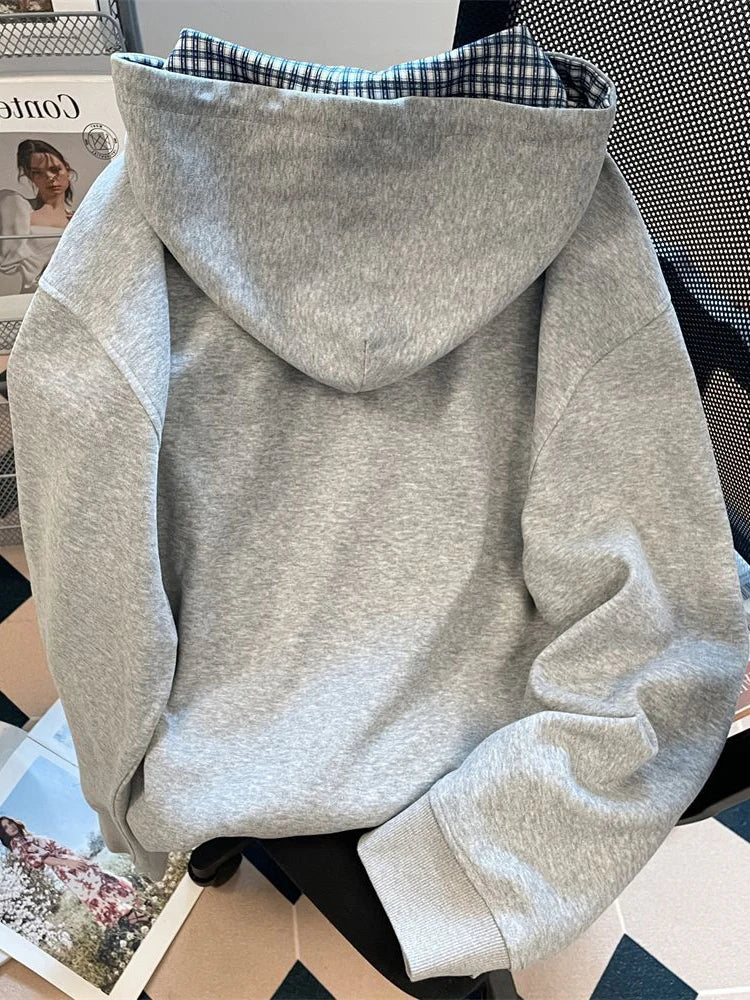 Jmprs Plaid Patchwork Vintage Hoodies Loose Preppy Style Gray Sweatshirts Fall Loose Long Sleeve Sweet Korean Tops