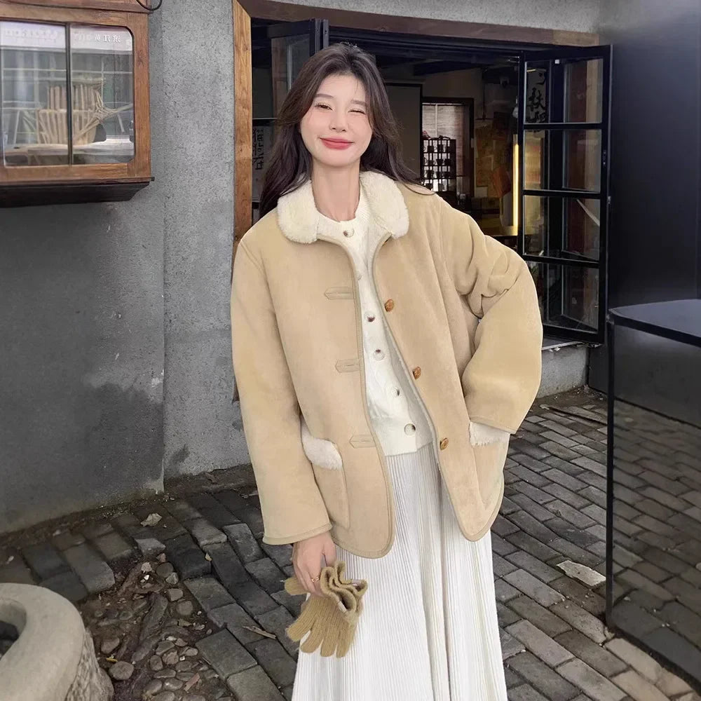 Retro Korean Style Cotton Jacket Lamb Fur Unique Beautiful Short Size Milk Series Cotton Coat