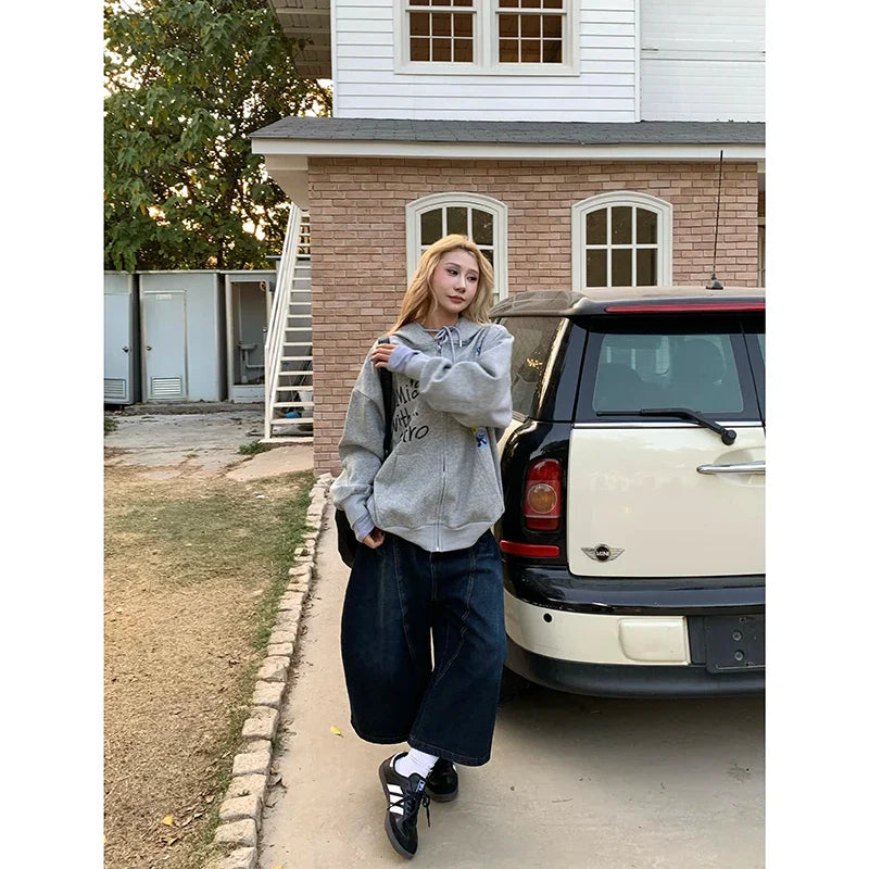 Blue Jeans High Waist Vintage Design Hip Hop Straight Baggy Denim Pants Street Y2K American Style Wide Leg Denim Trouser