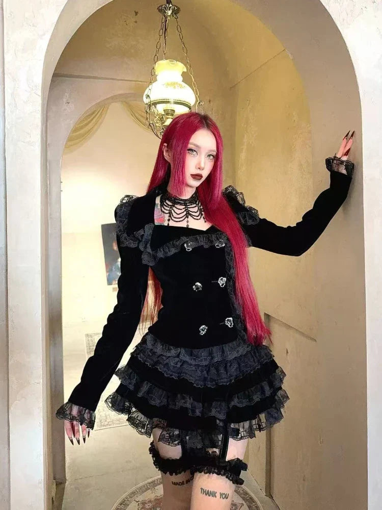 Gothic Palace Style Lace Black 2-piece Set High Street Darkly Slim Patchwork Cross Cake Skirt Suit Y2k Girl Outfits
