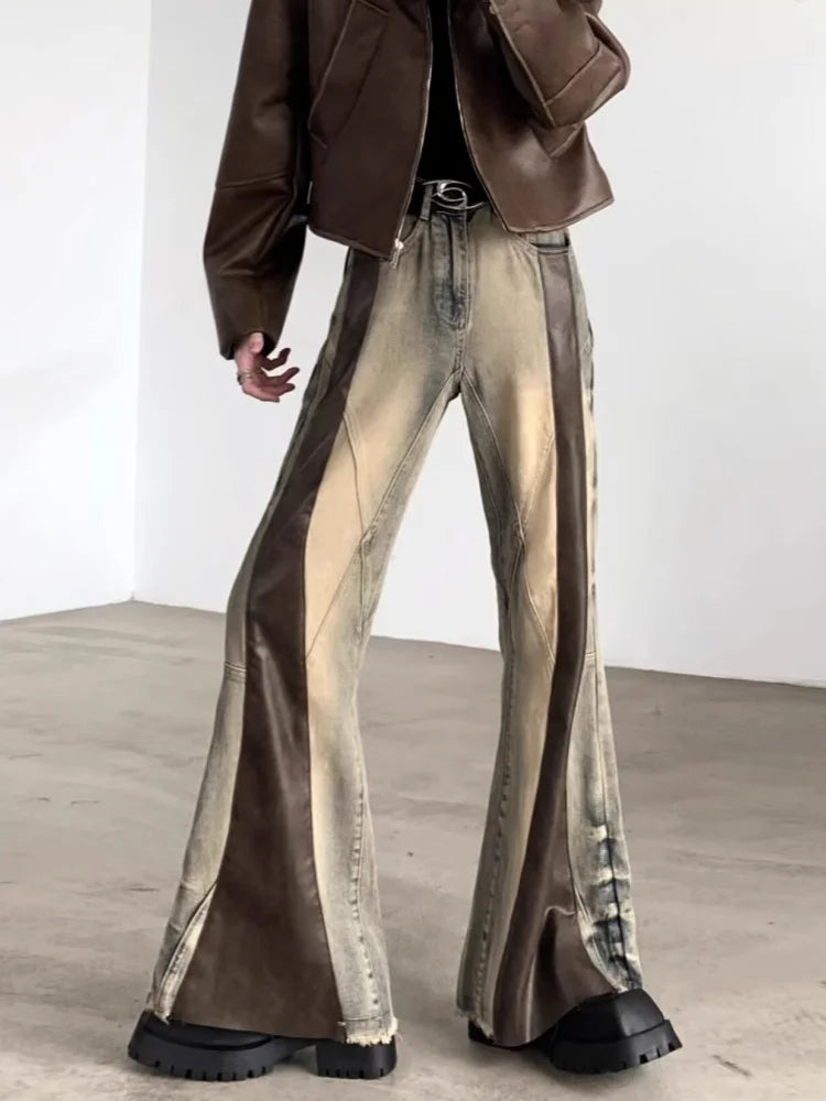 Trashy Y2K 2000S Pu Leather Patchwork Slim Flare Jeans Pants