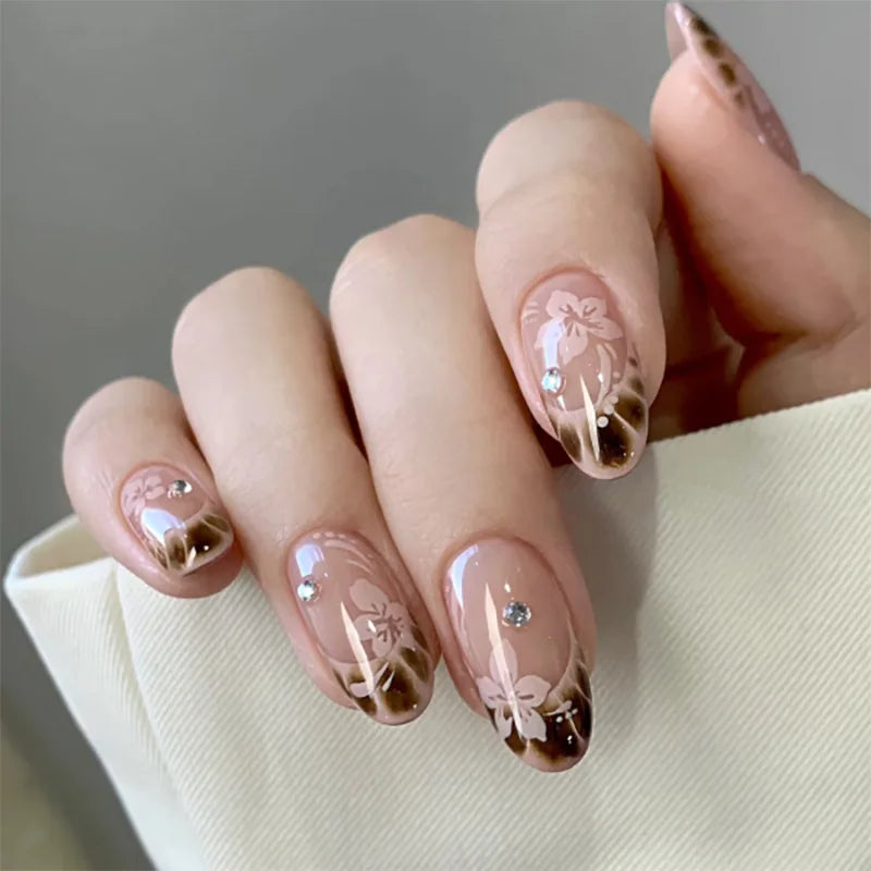 24Pcs Matte Almond False Nails with Glue Glitter Butterfly Fake Nail Press Ons Black Gradient Artificial Nail Tips