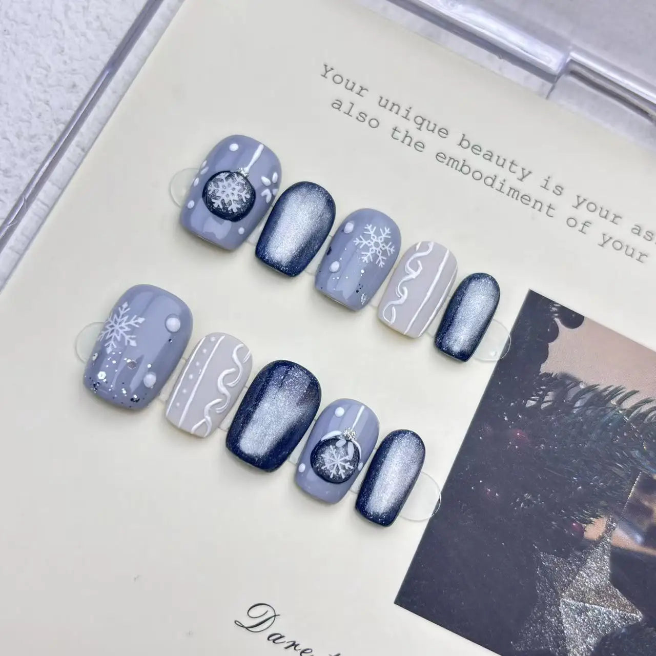 10pcs Handmade Press on Nails Christmas Frozen Blue Cat-Eye Full Coverage Nail Tips