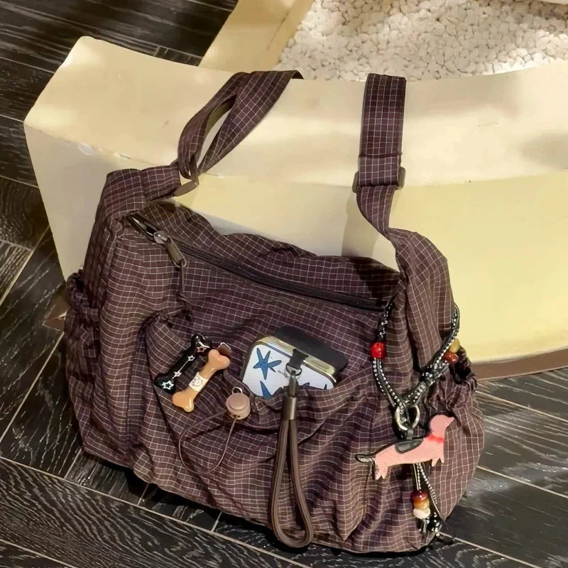 Korean Nylon Shoulder Bag Simple Plaid Zipper Tote Bag Drawstring Pleated Cloud Bag Commuter Crossbody Shoulder Bag