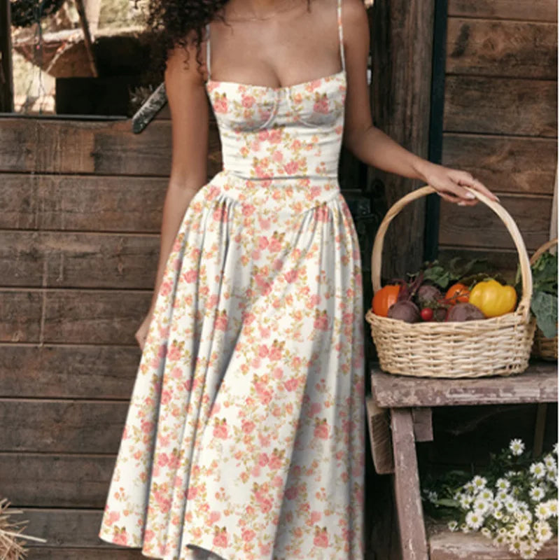 Elegant Sleeveless Backless Pleated Dresses Lady Solid Sling Midi Dress Party Evening A-line Robes