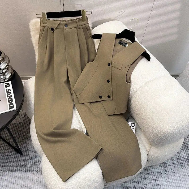 Simple Sleeveless Suit Vest Casual Wide Leg Pants Two-piece Set